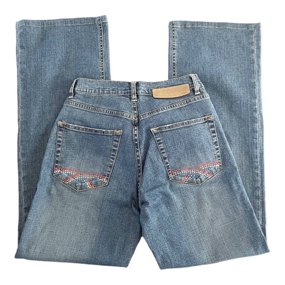 Y2K Christopher Blue Cowgirl‎ Glam Rhinestone Denim Jeans Mid-Rise Straight Leg